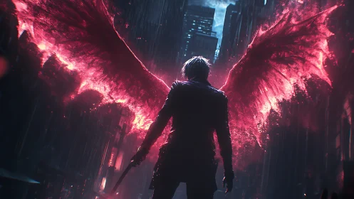 Winged antihero dominates neon-soaked dystopian alleyway