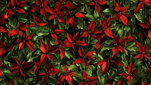 Dense poinsettia foliage pattern with saturated red bracts