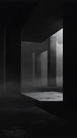 Monolithic corridors dissolve into mist and distant light.