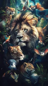 Majestic Lion with Tigers and Tropical Wildlife