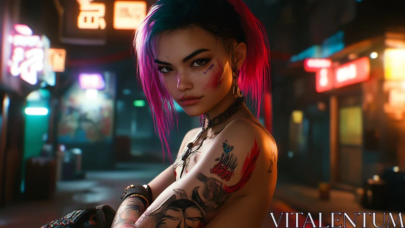 Neon alley rebel with electric pink hair and wary eyes.