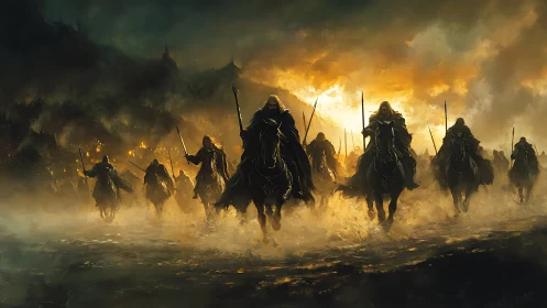 Armored cavalry charge through incendiary fog of war at dawn.
