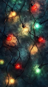 Glowing festive string lights on textured teal backdrop.