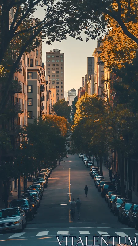 Golden hour city street framed by trees and parked cars.