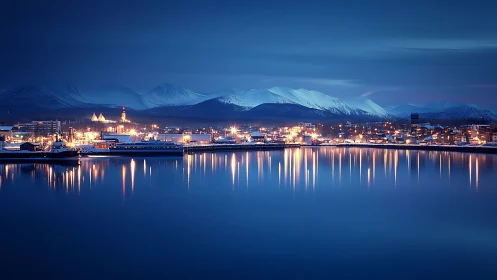 Midnight harbor shimmers while Arctic peaks quietly listen