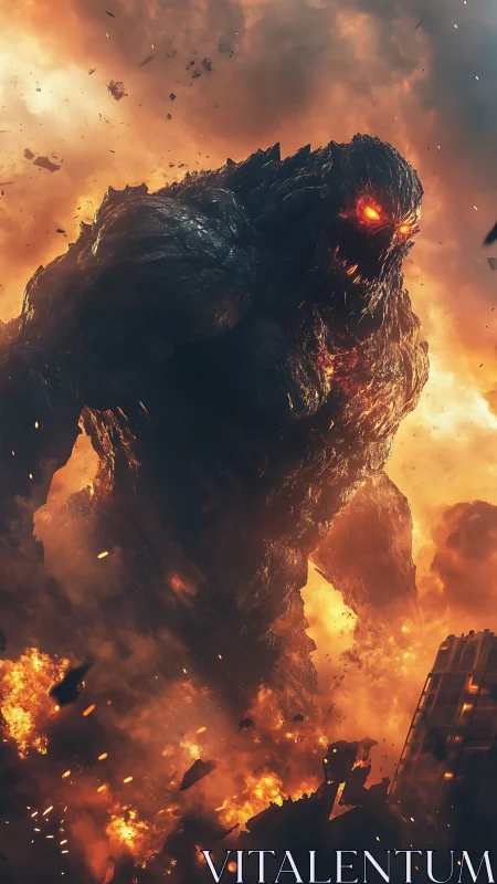 Massive molten creature stands amid urban firestorm chaos