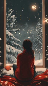 Woman in red sweater quietly watches snowfall beyond window