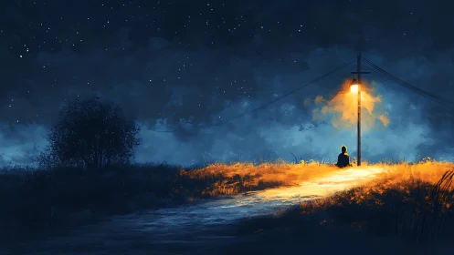 Figure under rural streetlight on starry night landscape.