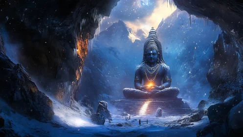 Serene blue deity in a glowing cave of snow and starlight.