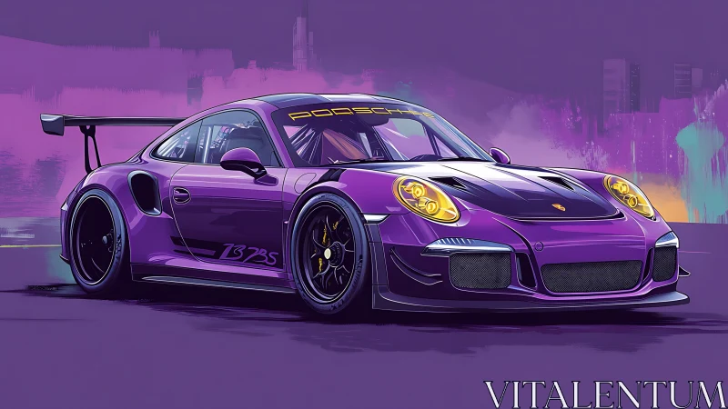 Purple Porsche GT3 RS glows against neon city skyline.