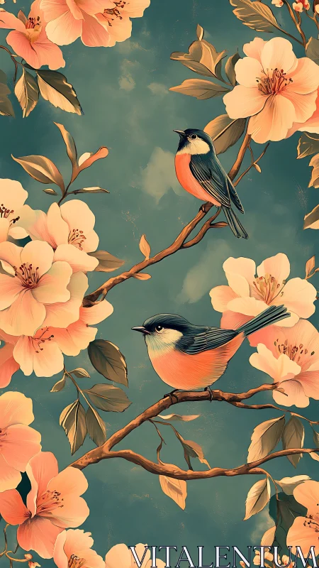 Songbirds on flowering branches against teal spring sky