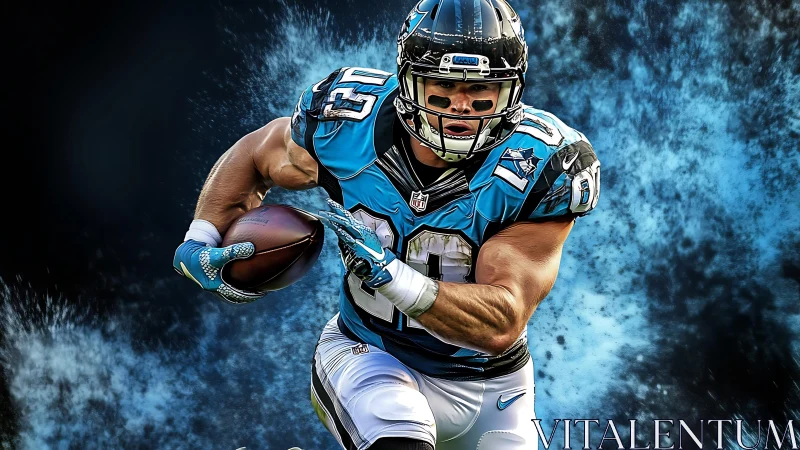 American football player running with ball in blue uniform.
