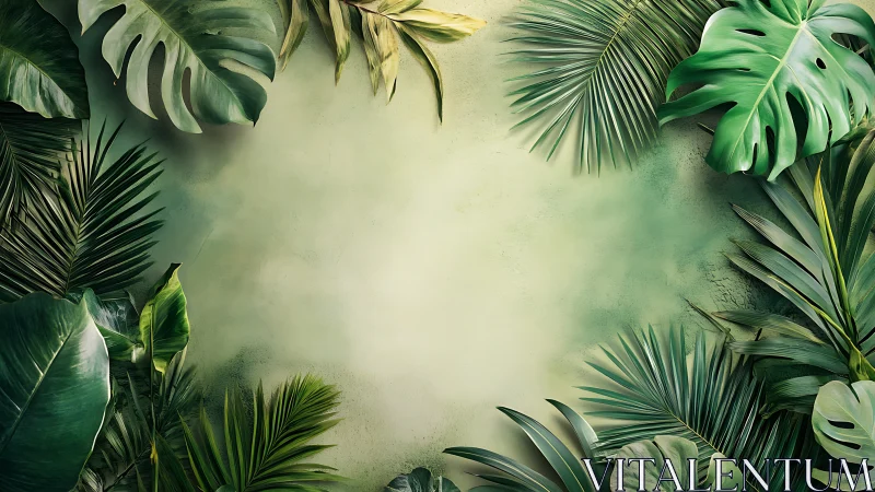 Tropical monstera border framing textured green backdrop.