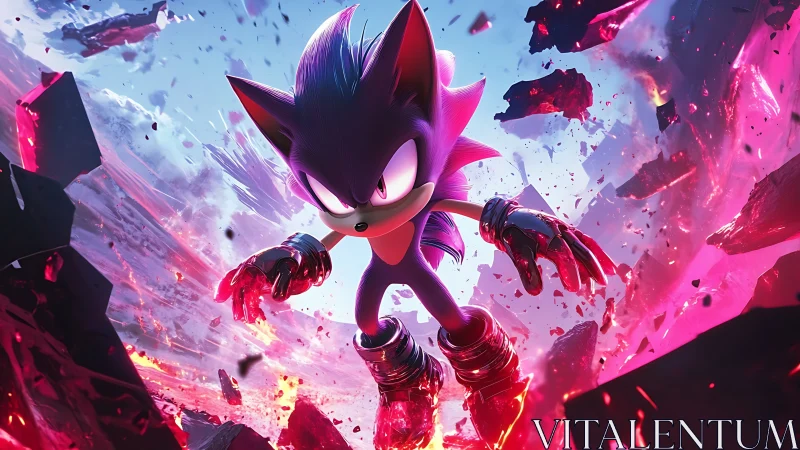 Anthropomorphic hedgehog character jumps through pink debris