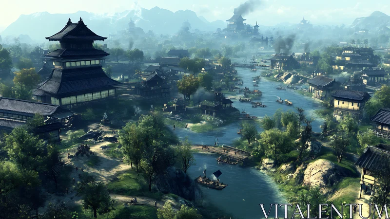 River kingdom awakens beneath mist-veiled mountain citadels.