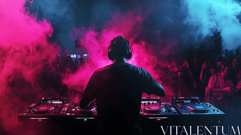Neon lit DJ commands the dance floor with pulsing energy
