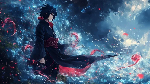 Stormlit wanderer wrapped in swirling crimson magic.