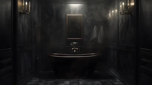 Dark marble bathroom centers freestanding tub under dim light