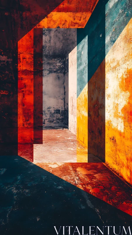 Bold geometric corridor glows with layered, colorful light