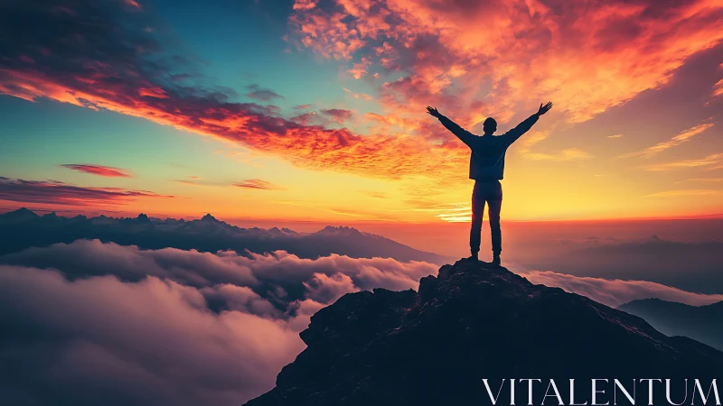 Silhouette stands on rocky summit above clouds at sunset sky