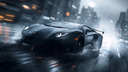 Supercar races through rainy neon city street at night