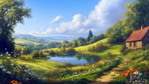 Stone cottage stands beside reflective pond in hilly meadow
