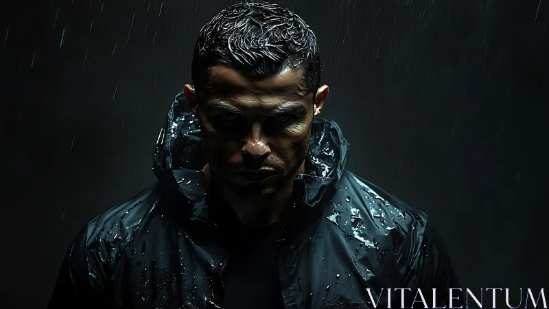 Determined male athlete in rain wearing dark wet jacket.