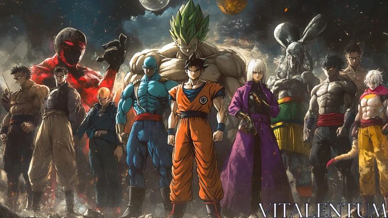 Epic anime warriors gather under cosmic skies for battle.