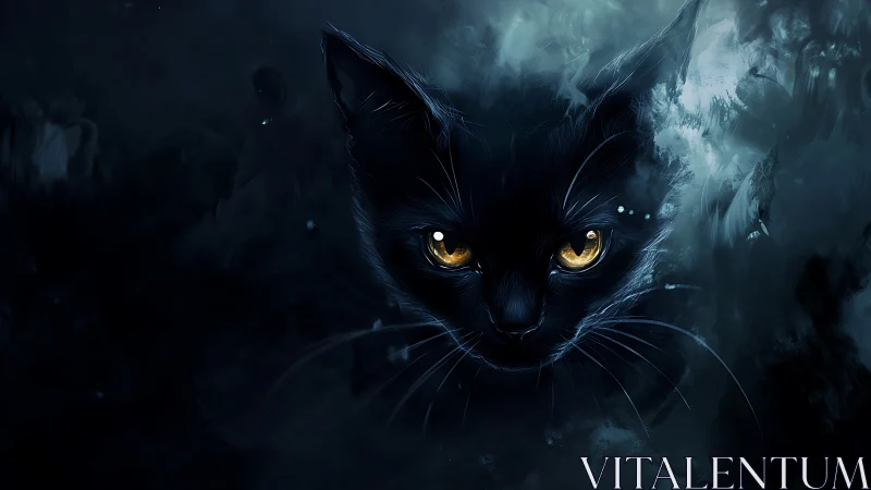 Black cat stares from deep blue void with glowing eyes