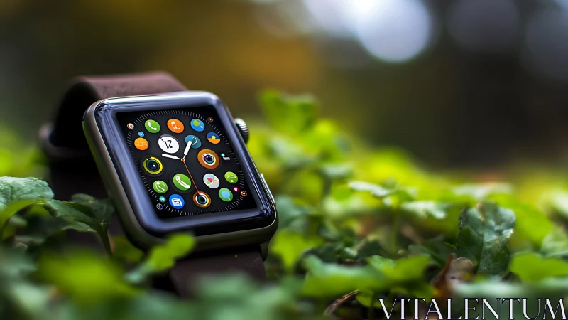 Smartwatch with app grid on leather band in shallow-focus foliage
