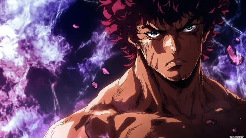 Resolute anime warrior framed by swirling cosmic energy.