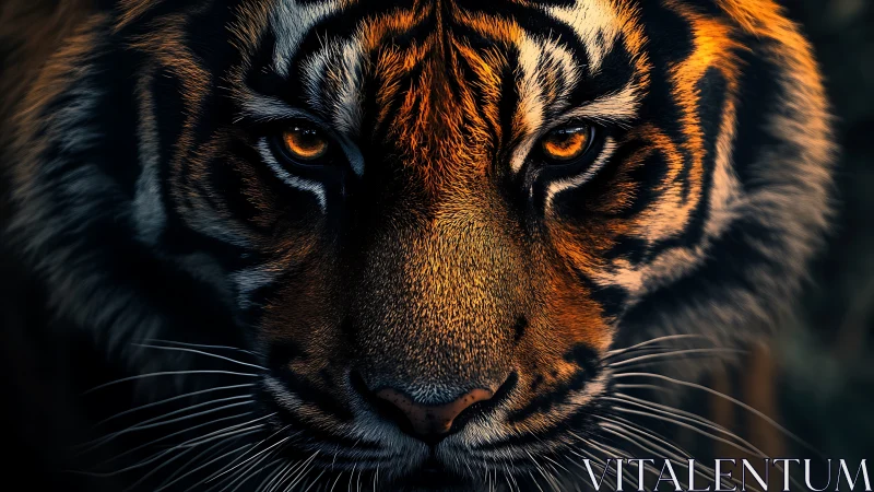 Tiger portrait with dramatic low key lighting and amber gaze.