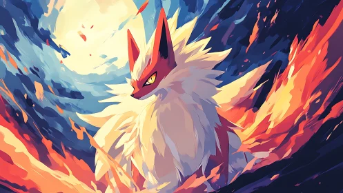 Fire-themed fox creature in stylized lunar landscape.