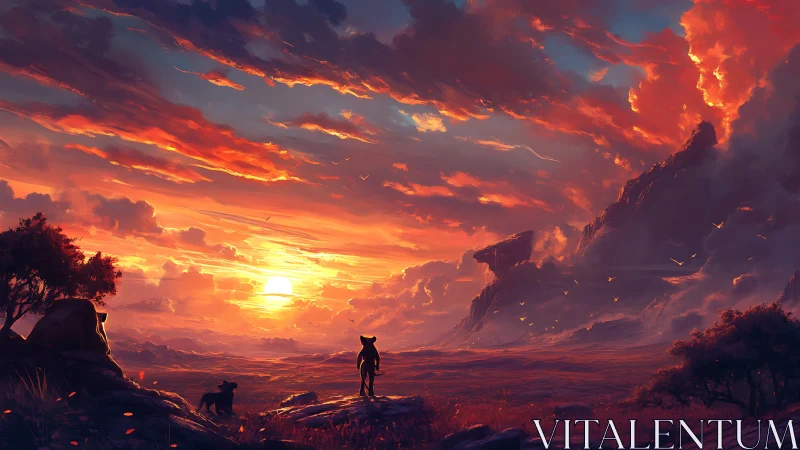 Sunset over savanna plain with lion silhouettes and cliffs.