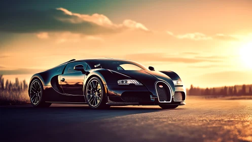 Black sports coupe is parked on open asphalt at sunset