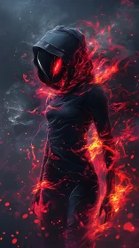 Hooded humanoid silhouette engulfed in stylized red plasma flames