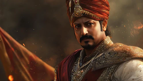 Warrior king stares forward in ornate red turban and armor