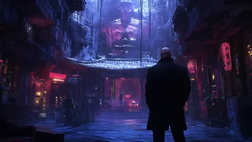 Mysterious wanderer in neon drenched cyberpunk temple street.