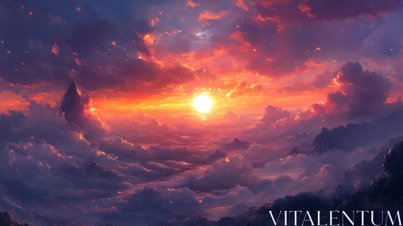 Vivid fantasy sunrise above clouds and distant peaks.