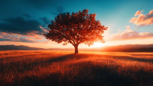Lone tree glows in fiery sunset over golden meadow field.