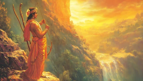 Warrior prince overlooking radiant mythic canyon sunrise.