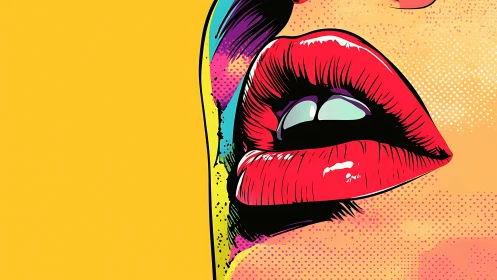 Pop art close-up of glossy red lips on yellow background.