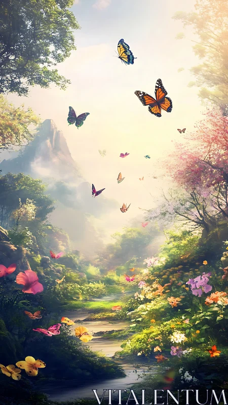 Luminous forest ravine with multicolored butterflies in layered depth