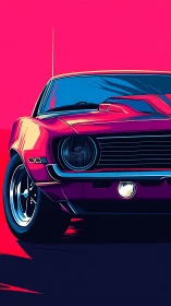 Retro muscle car front view glows over neon pink ground