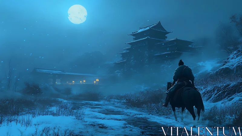 Lone rider approaches a moonlit mountain temple in winter.