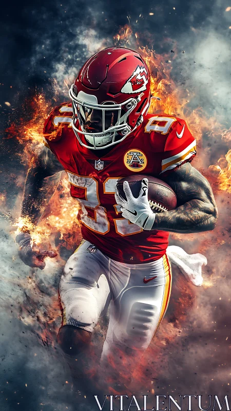 Blazing gridiron comet in red armor breaks through smoke.