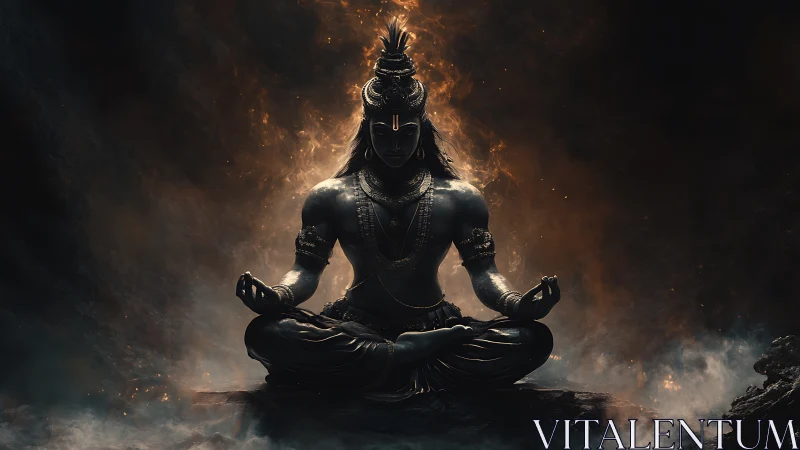 Cosmic meditator crowned in firelit shadows of stillness.