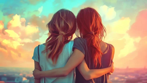 Two friends embracing at sunset, dreamy pastel sky background.