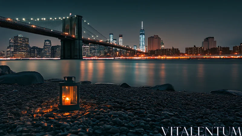 Lantern glow beneath Brooklyn Bridge and nocturnal skyline.