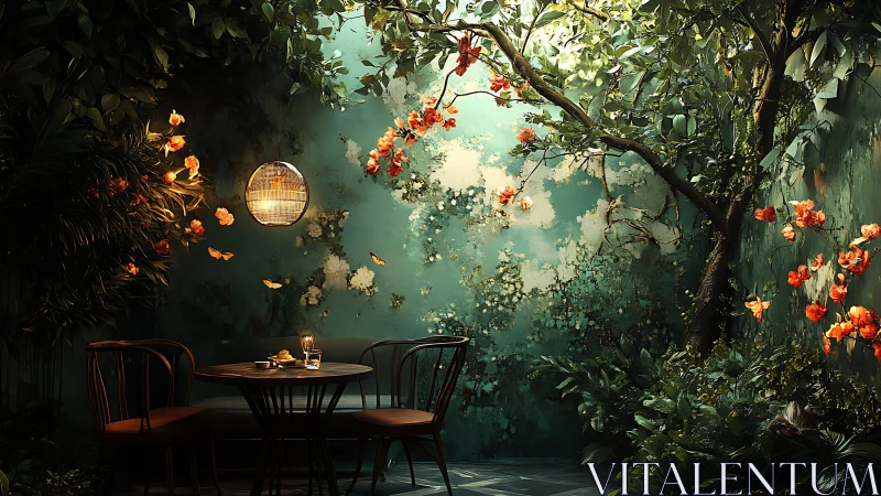 Twilight garden bistro glows beneath a flowering canopy.